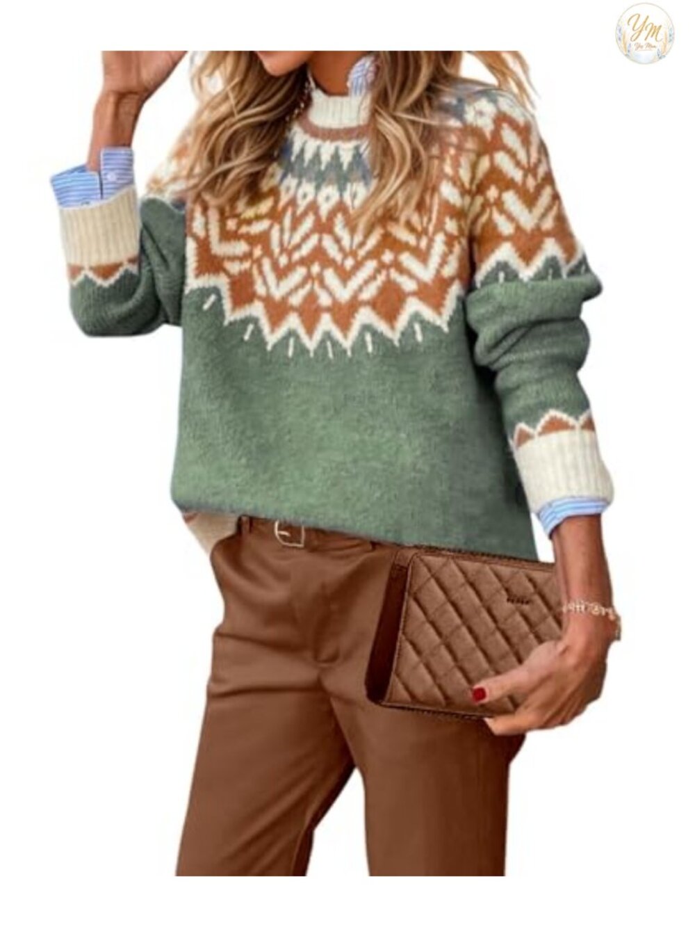 Womens Fair Isle Sweater Long Sleeve Mock Neck Ribbed Knit Pullover Fall Winter